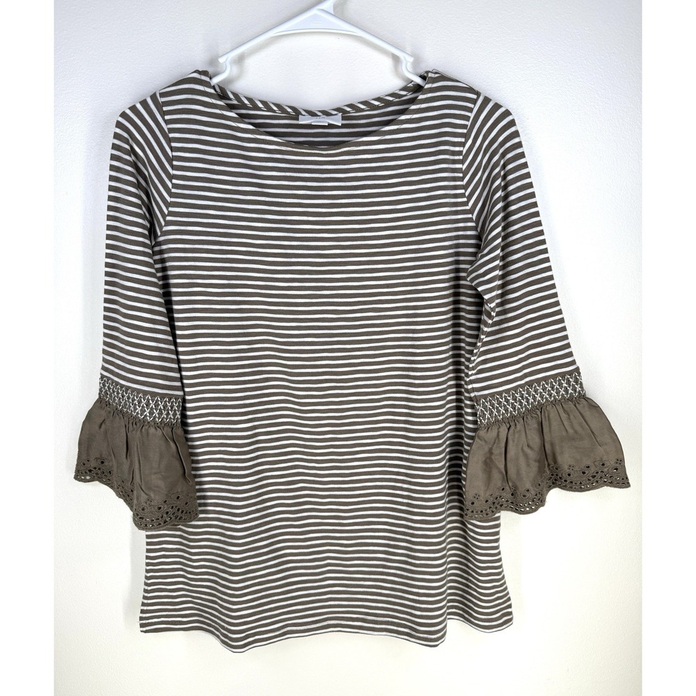J. Jill Striped Blouse Top XS Petite Ruffle Eyelet Sleeves Cotton Blend Shirt